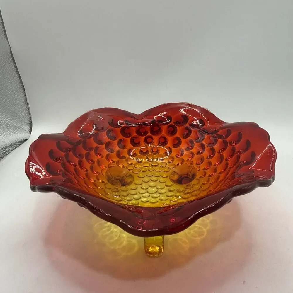 Vintage Fenton Art Glass AMBERINA Hobnail Footed Dish Bowl 6.5” in Red Orange *